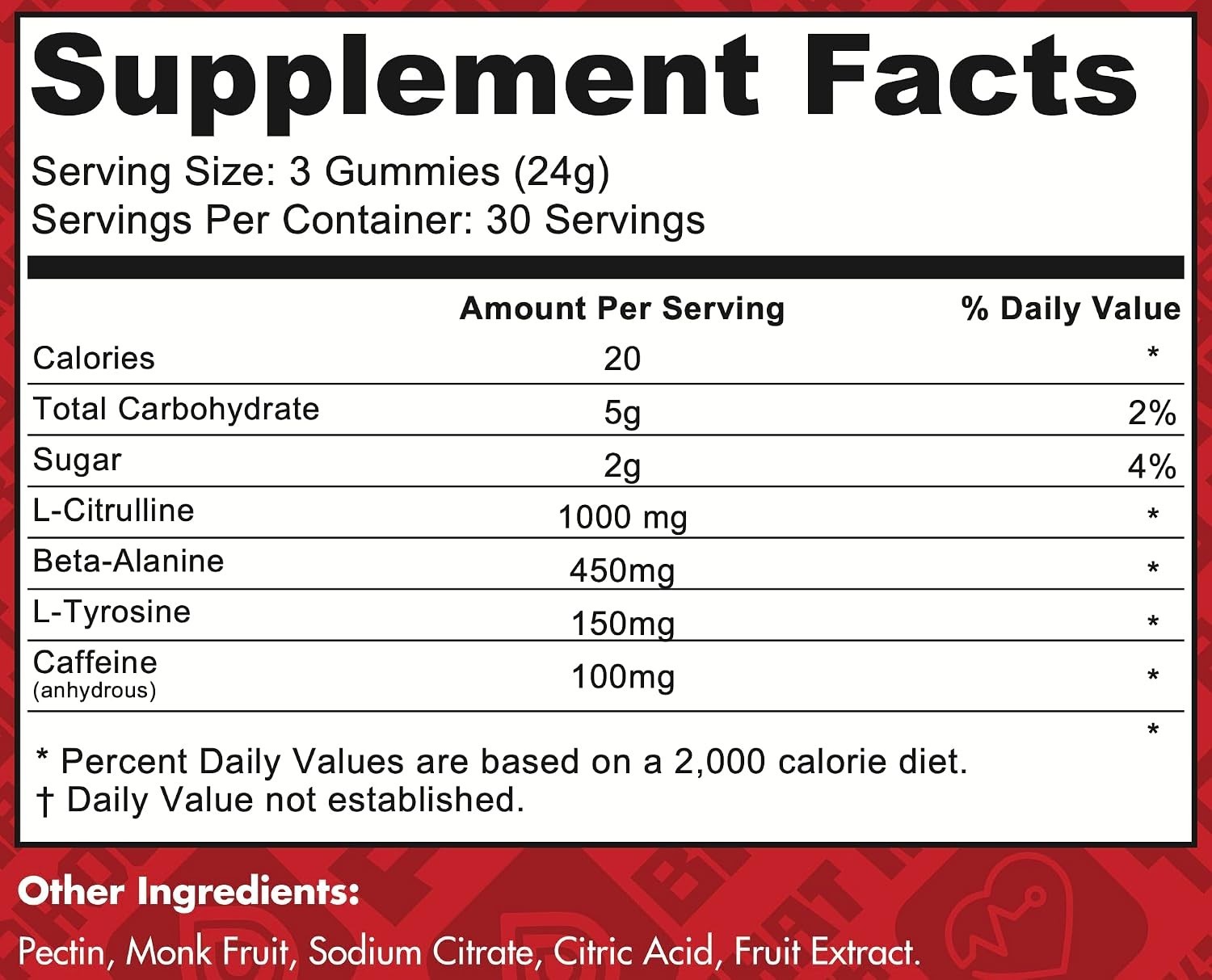 PRE-Workout Exercise Gym Gummies L-Citrulline Beta-Alanine L-Tyrosine & Caffeine