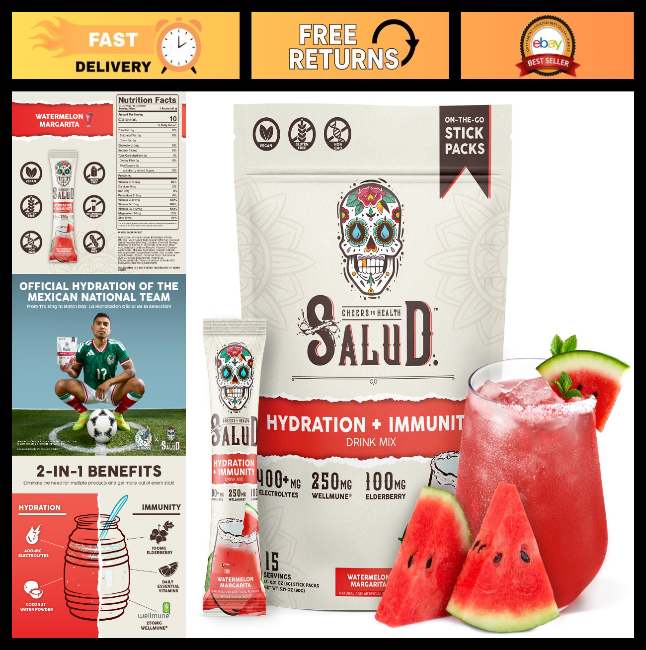 2-in-1 Hydration Packets & Immunity Electrolytes Powder, Watermelon Flavor, Vega