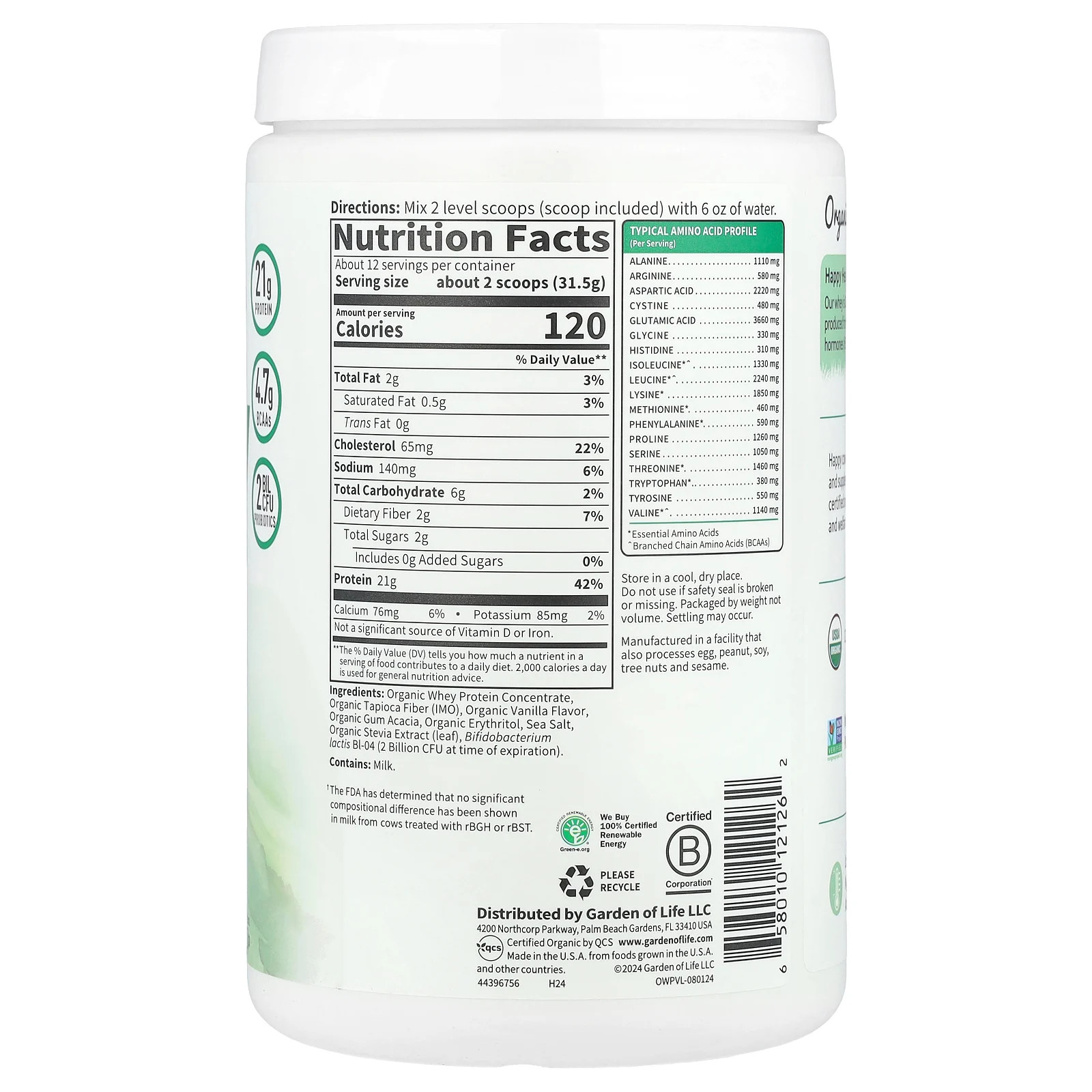 Organic Whey Protein, Grass-Fed, Vanilla, 13.33 oz (378 g)