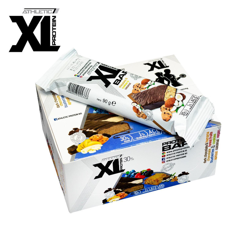 ATHLETIC XL PROTEIN BAR 90g – Box of 8 Bars Chocolate with Cookies and Coconuts