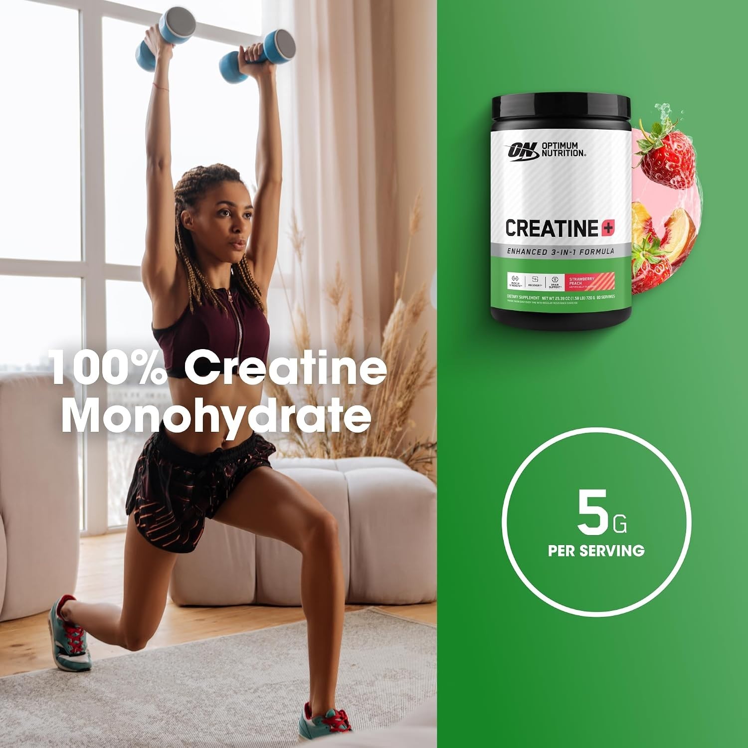 Creatine Monohydrate Plus Powder, Strawberry Peach Flavored Creatine Performa…