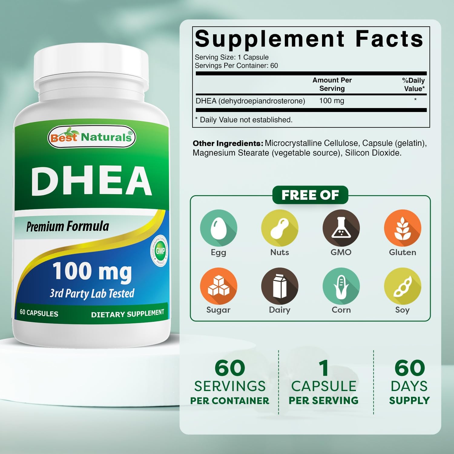 DHEA 100mg Supplement 60 Capsules – Supports Balanced Hormone Levels for Men & W