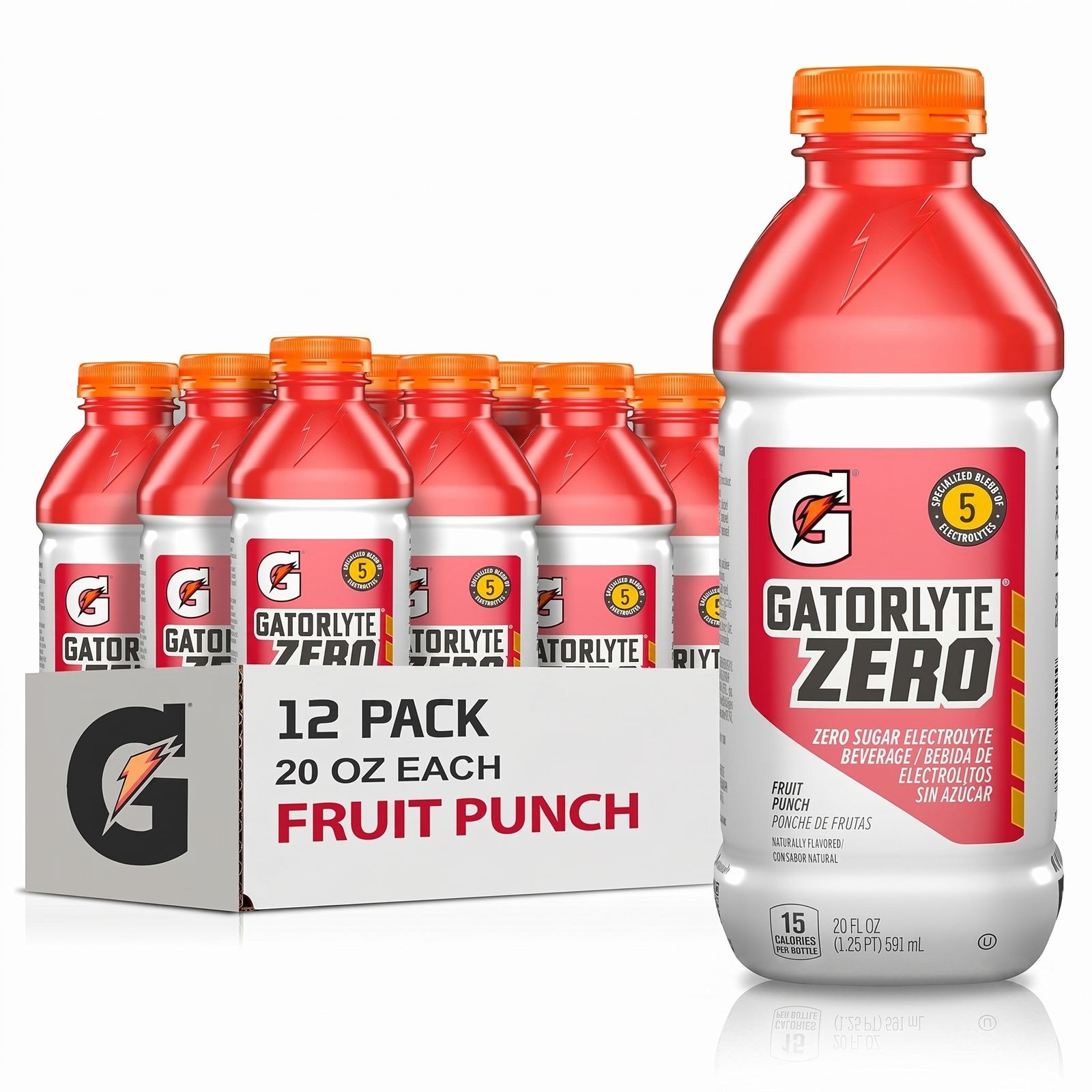 Gatorlyte Zero Sugar Electrolyte Drink, Fruit Punch, 12 Pack of 20 Fl Oz Bottles