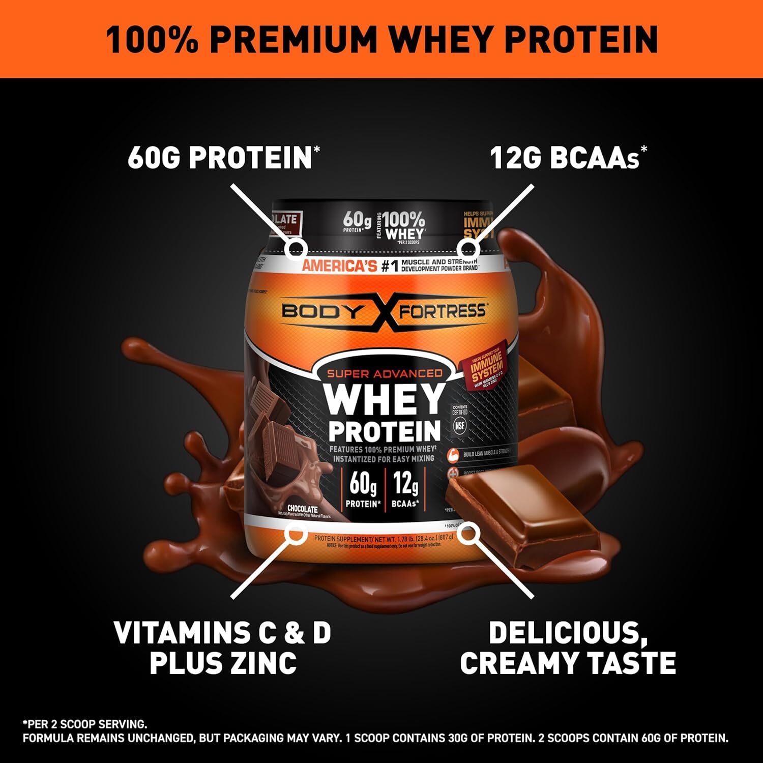 Super Advanced Whey Protein Powder, Chocolate, Immune Support 1.78 Lbs