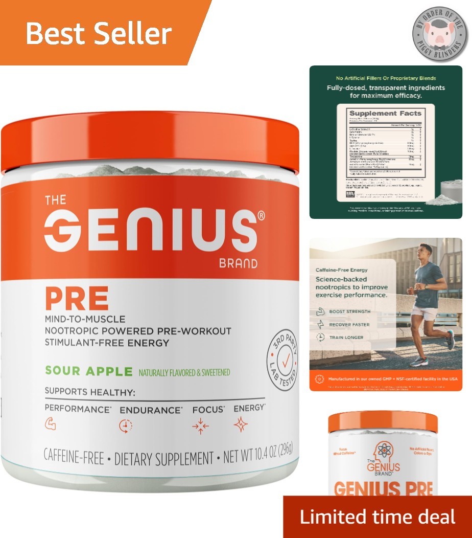 Genius Pre-Workout, Stimulant-Free Sour Apple Powder, 20 Servings | Energy
