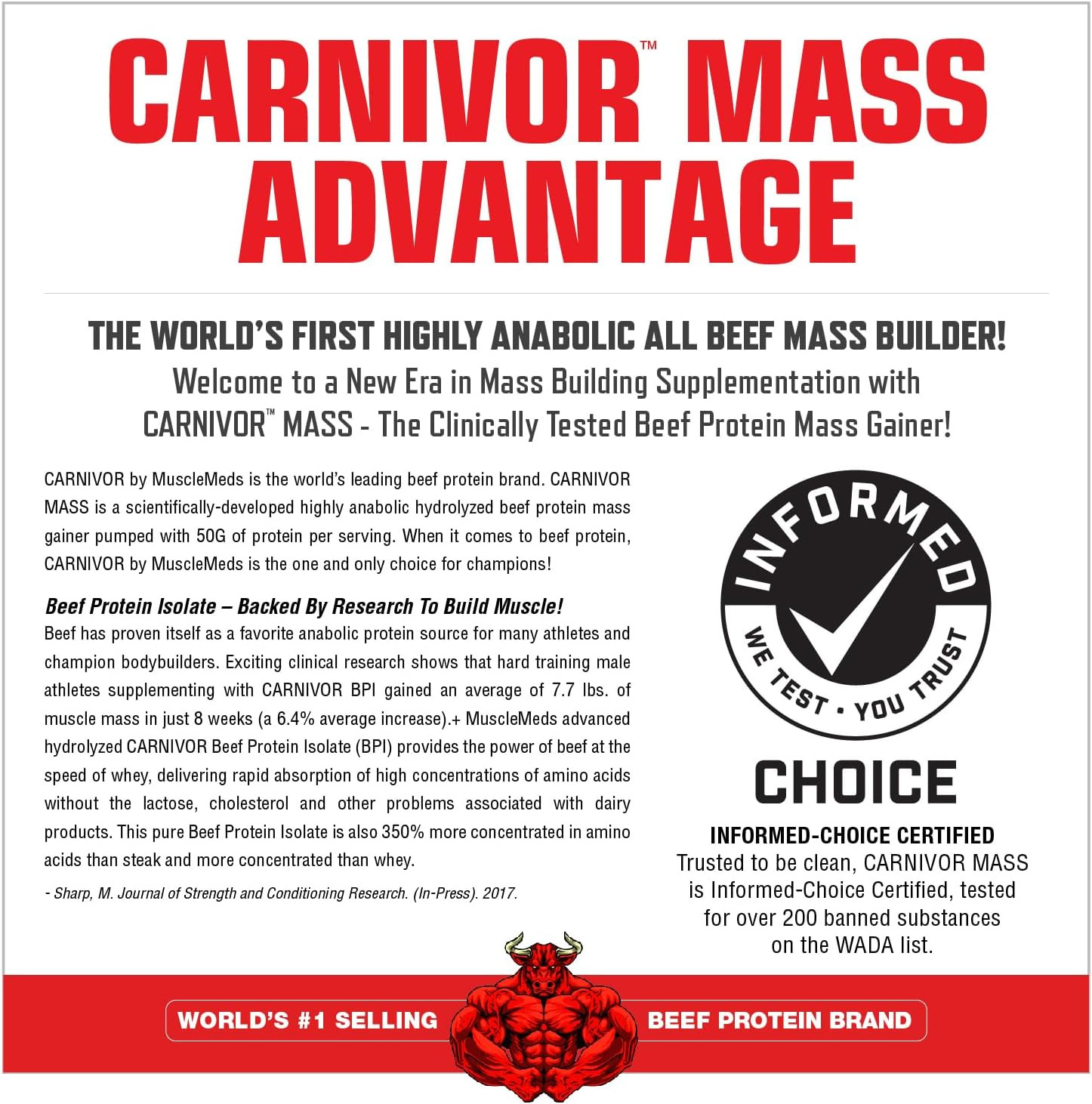 CARNIVOR Mass Gainer Beef Protein Isolate Shake, 50 Grams Protein, 125 Grams Car
