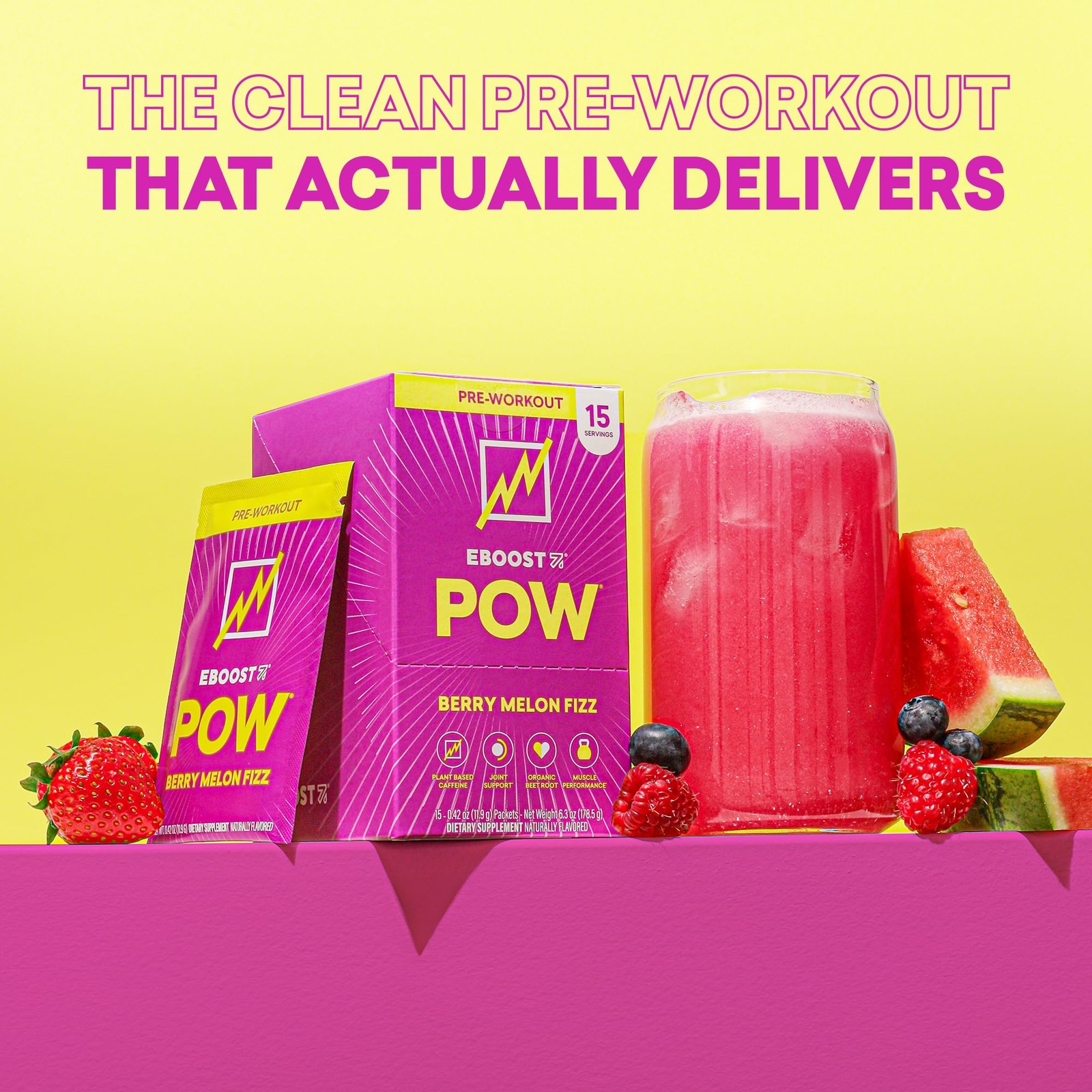 Eboost Pow Natural Pre Workout Powder – 15 Packets Berry Melon Fizz –