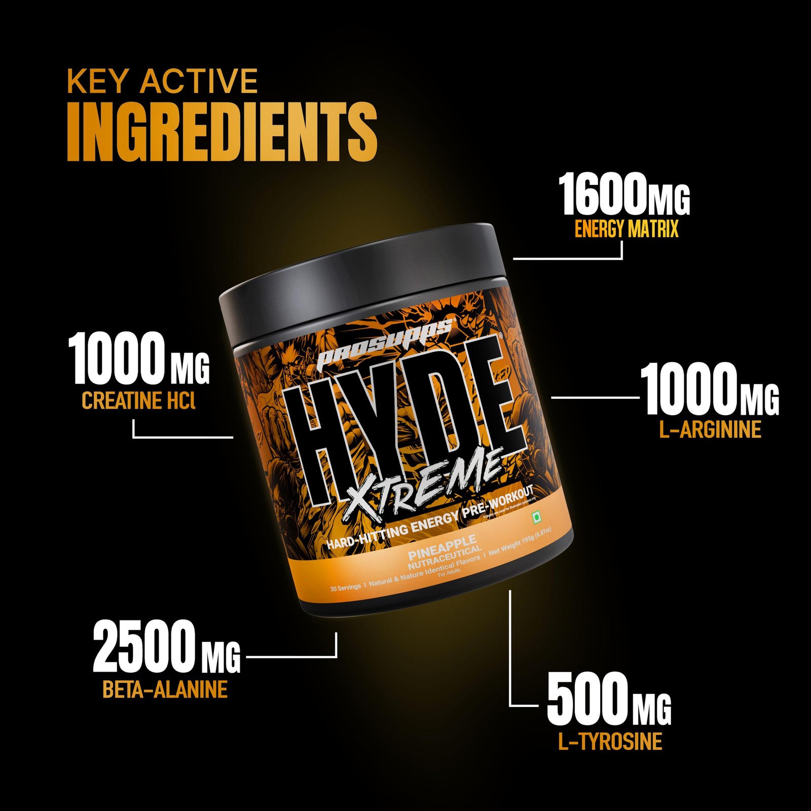 PS PROSUPPS Hyde Xtreme Pre-Workout Pineapple 195g |30 Servings | 200mg Caffeine