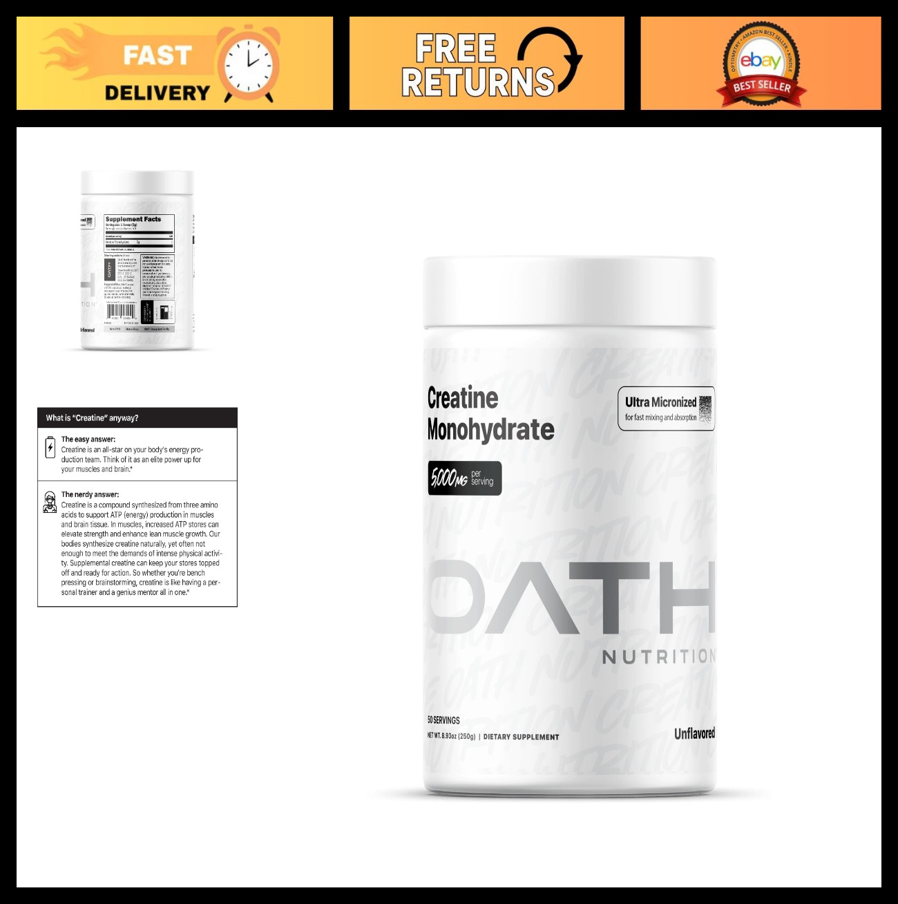 Ultra Micronized Creatine Monohydrate Powder, Unflavored, Gluten Free, 5000g, 50