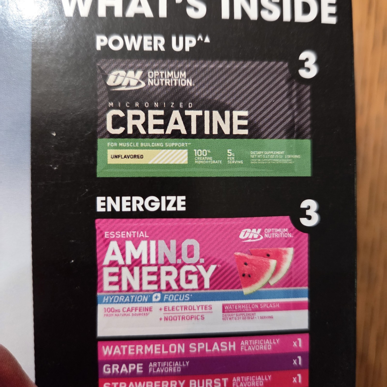 NIB Optimum Nutr. Starter Kit Creatine Amin-o-energy And Whey Protein. 2 Boxes.