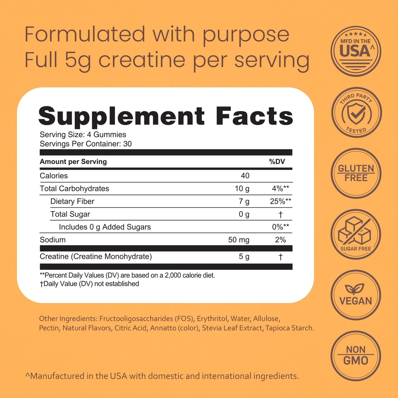 Creatine Monohydrate Gummies – 5g per Serving – Tangerine Flavor – 120 Gummie…