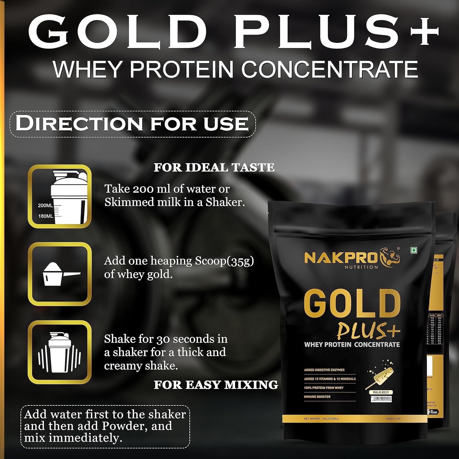 Nakpro Gold Plus+ Whey Protein Concentrate Malai Kulfi Flavour 1kg