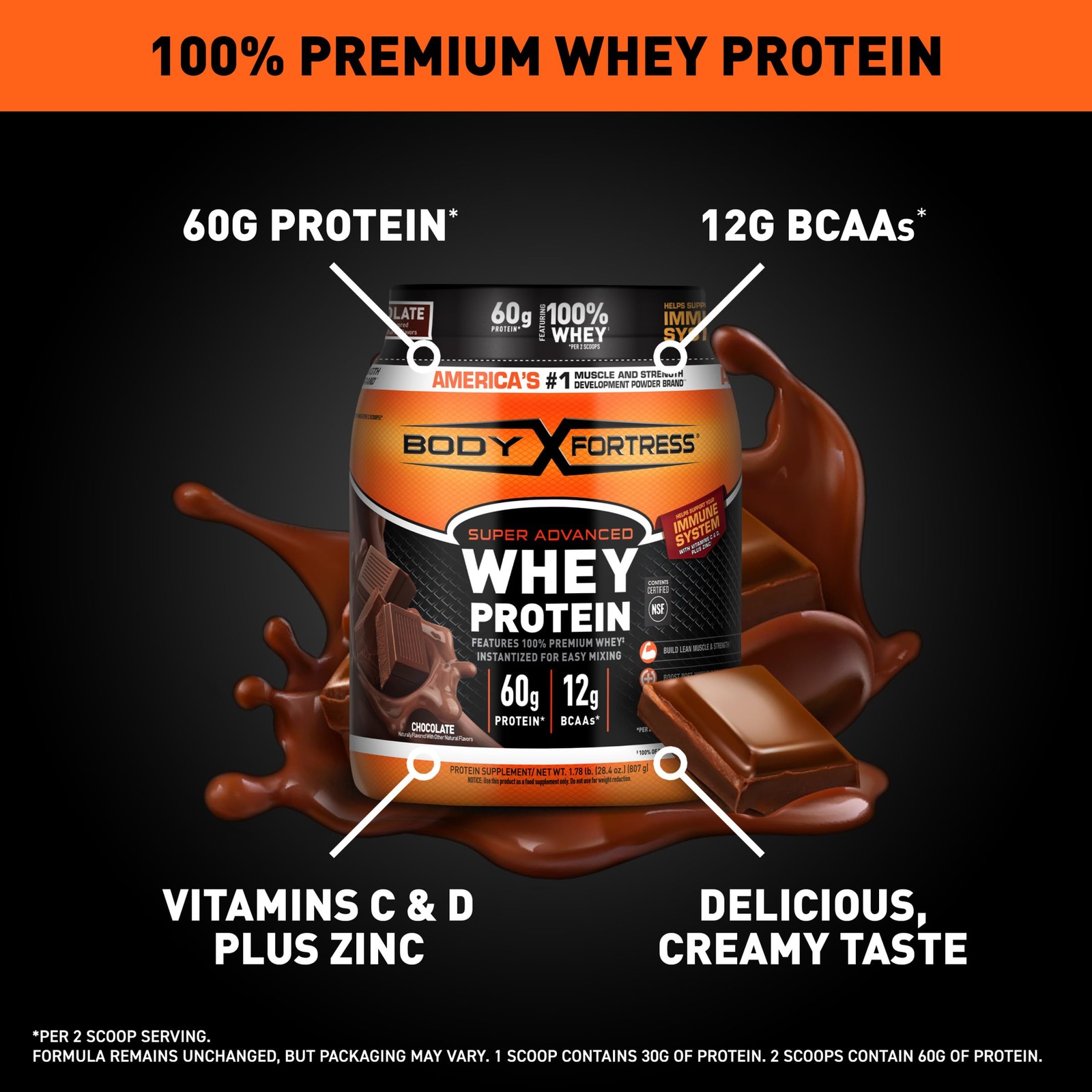 Body Fortress 100% Whey, Premium Protein 1.78 Pound (Pack of 1), Chocolate