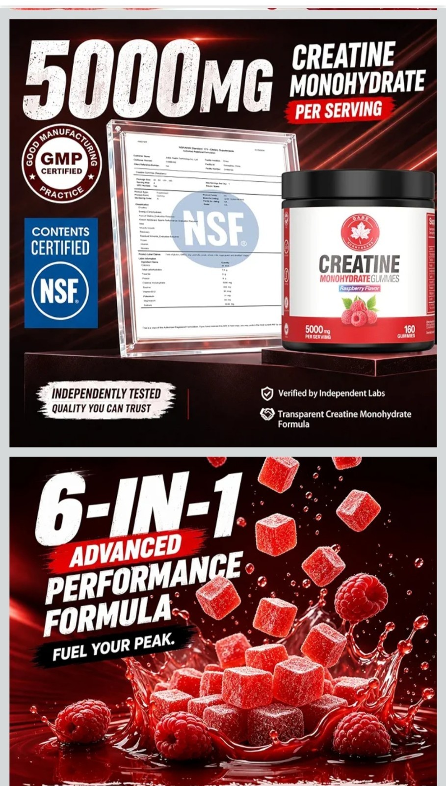 GABE Creatine Monohydrate Gummies 160ct 5000mg Raspberry NSF Vegan Exp 2028