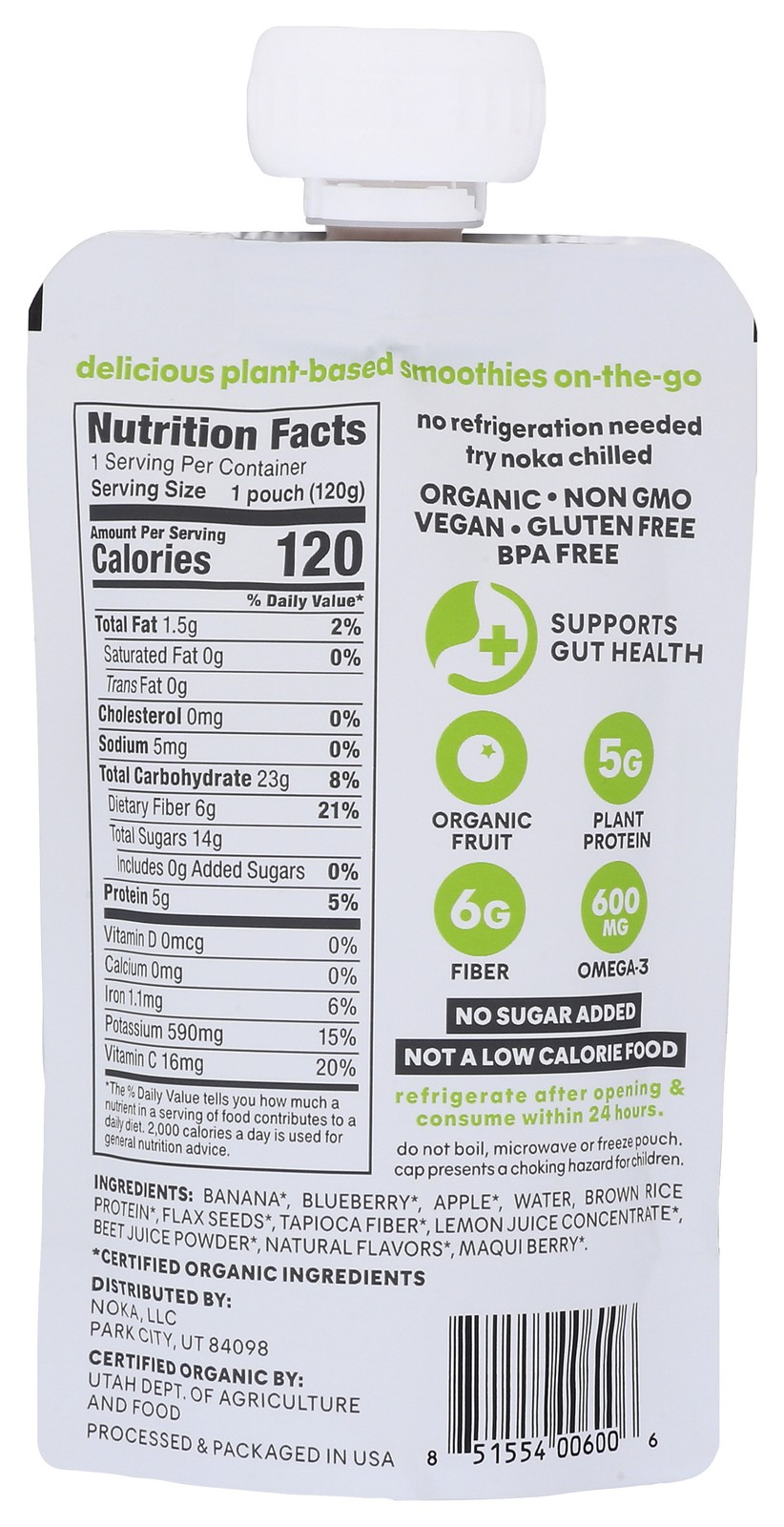Noka Blueberry Beet Superfood Smoothie With Prebiotic Fiber 4.22 Oz 6 Pack