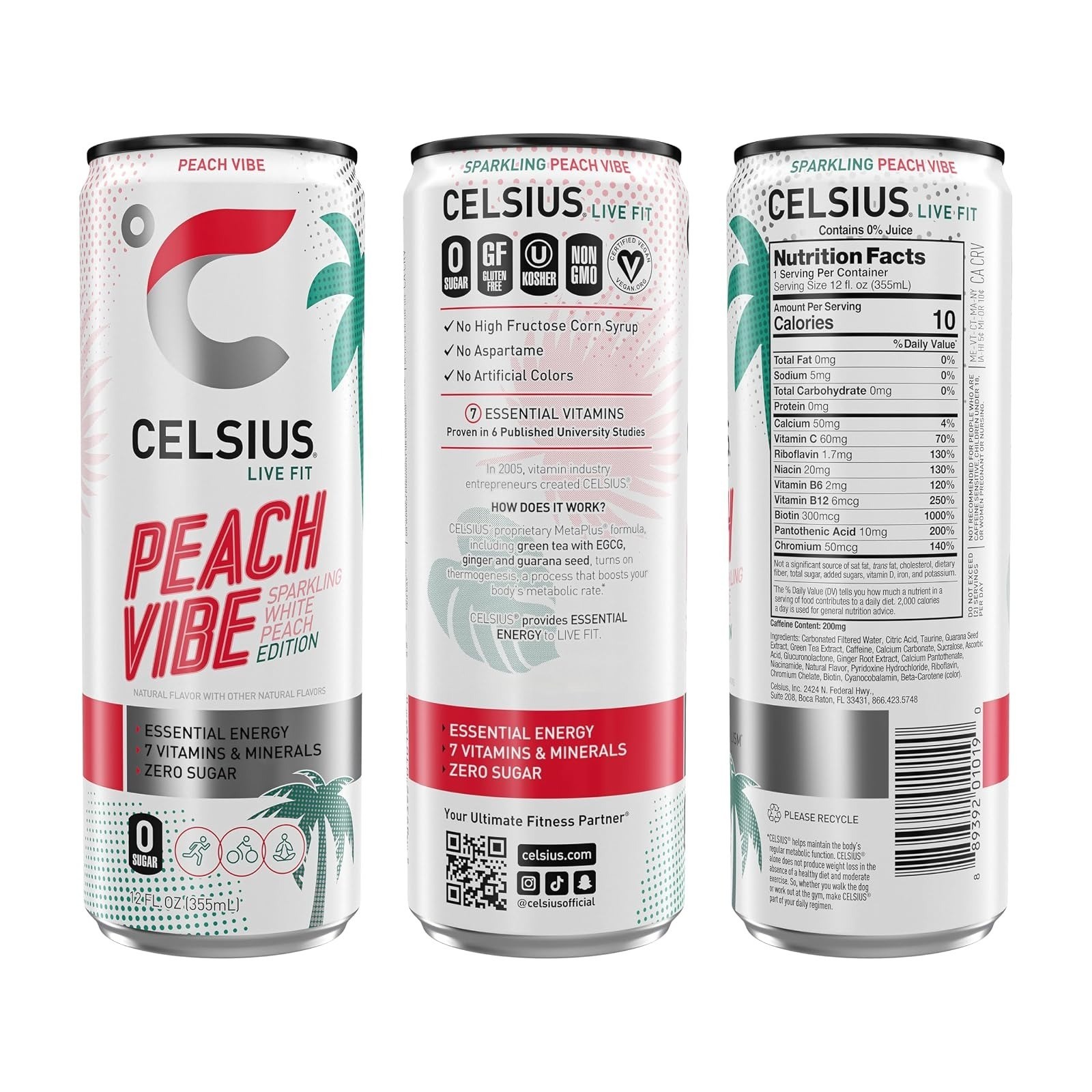 CELSIUS Peach Vibe Sparkling Energy Drink, Sugar Free, 12 Fl Oz (Pack of 12)
