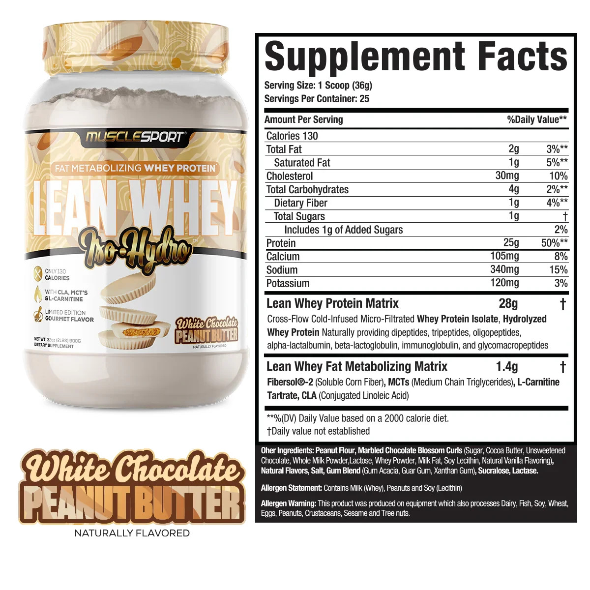 Lean Whey, Iso-Hydro, WHITE CHOCOLATE PEANUT BUTTER, 2 lbs (908 g)