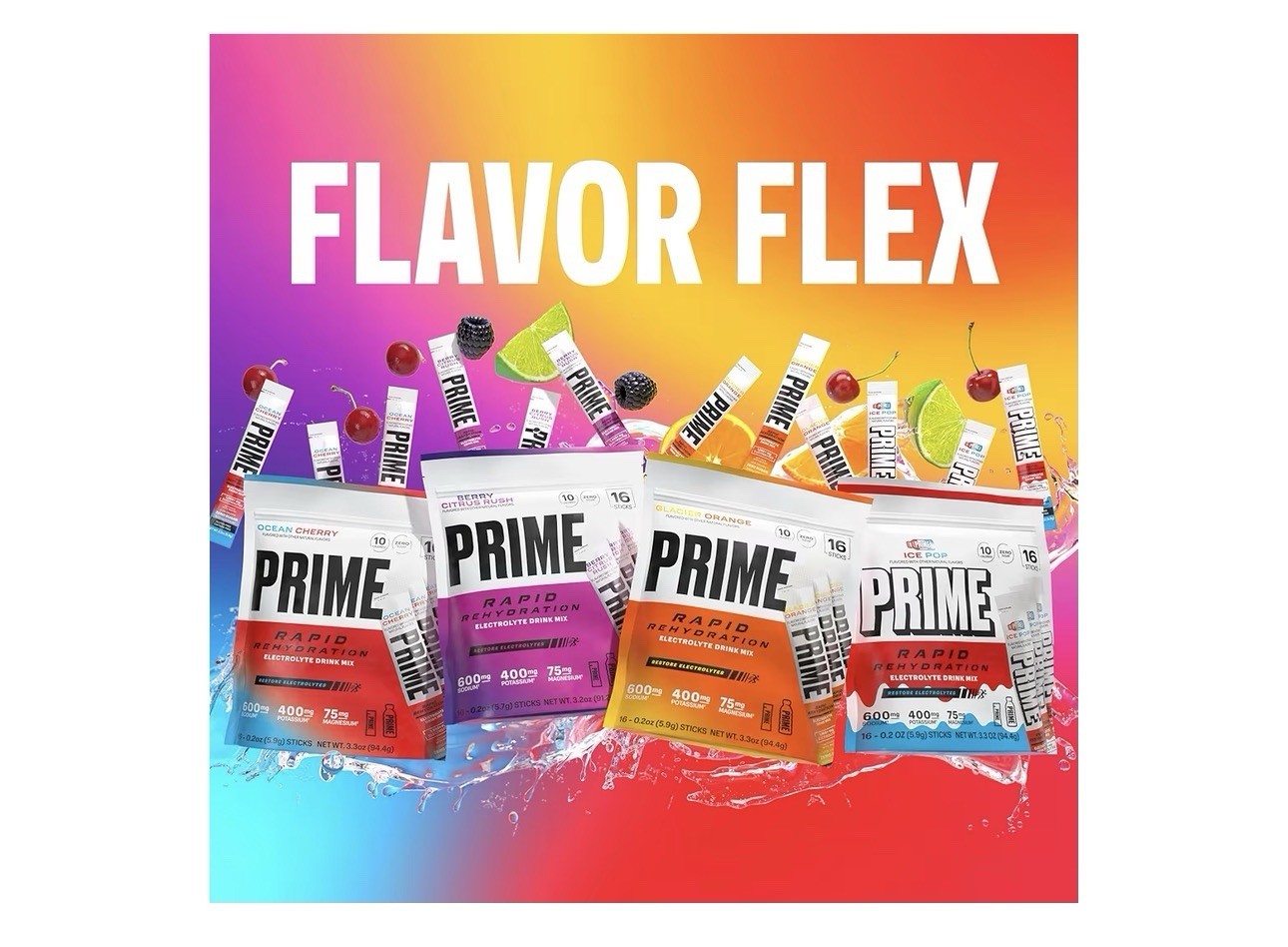 Prime Rapid Rehydration Electrolyte Drink Mix Berry Citrus Rush 16 Sticks New