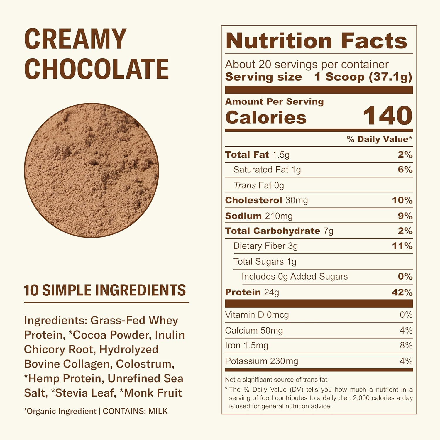 Grass Fed Whey Protein Powder Creamy Chocolate, 24G Protein with Collagen Peptid