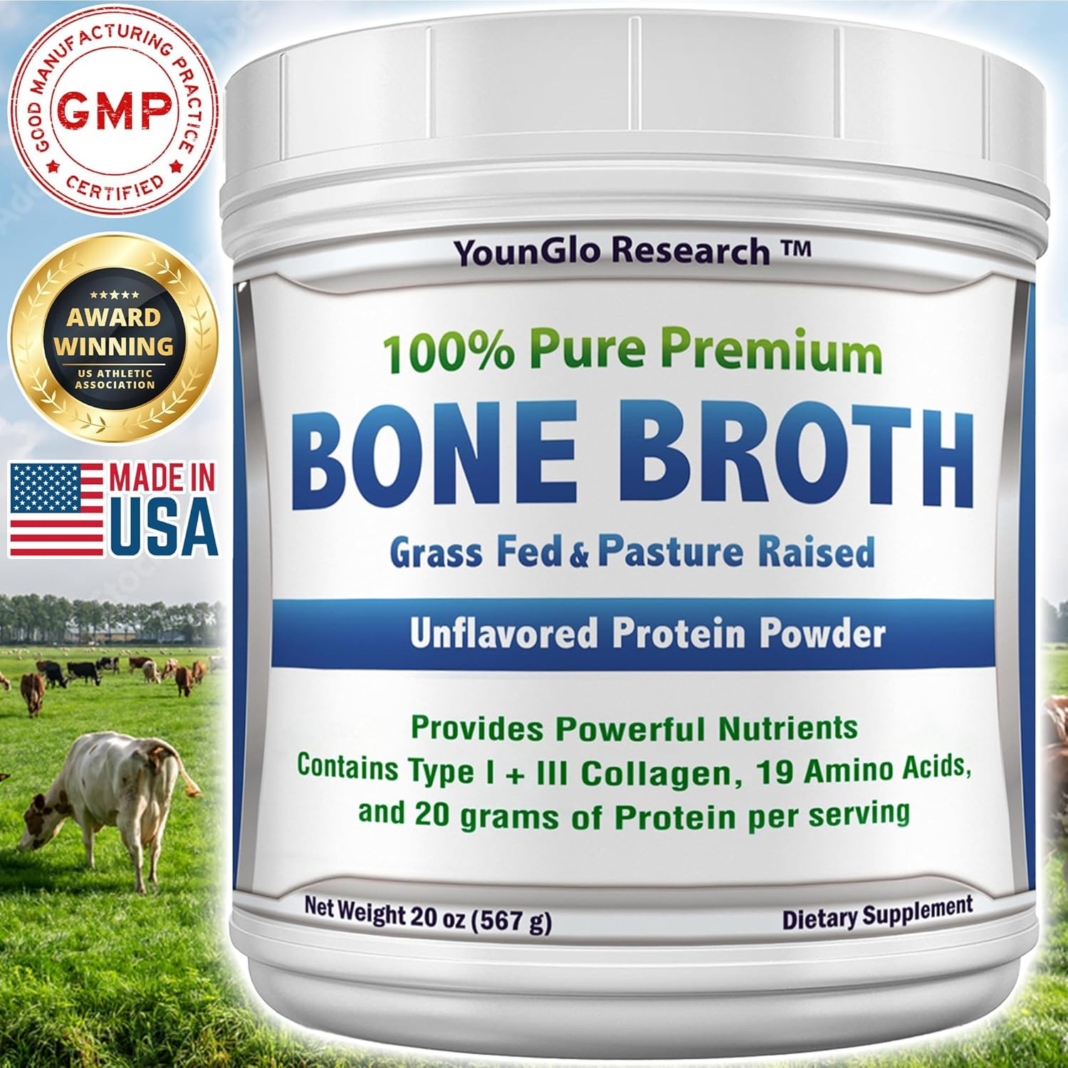Bone Broth Beef Protein Powder – 1.25 Lb / 20 Oz, Unflavored – Made in USA – Hig