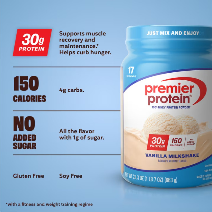 Premier Protein 100% Whey Protein Powder, Vanilla Milkshake, 1.7 lb