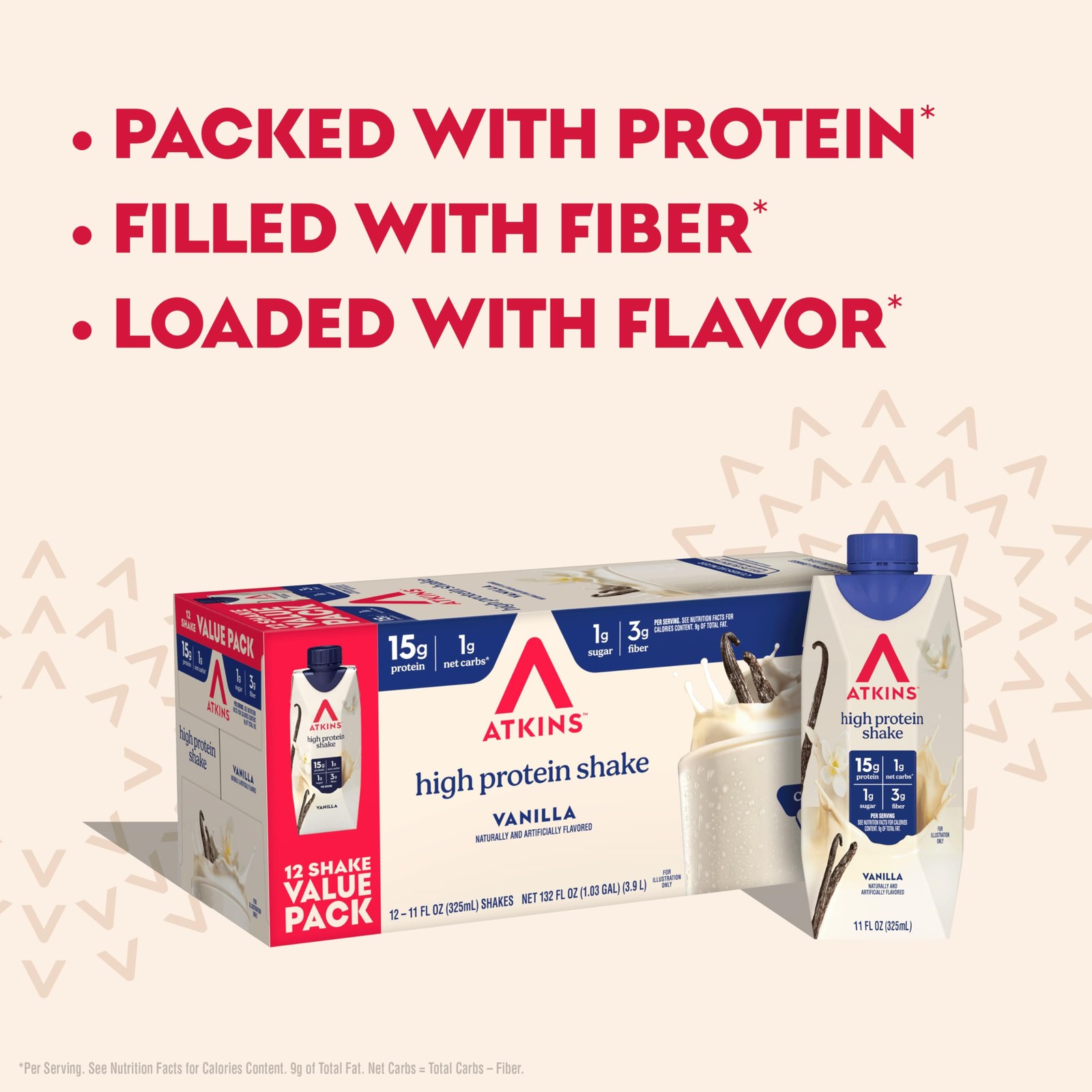 Atkins Vanilla High Protein Shake, 15g 11 Fl Oz (Pack of 12), Creamy