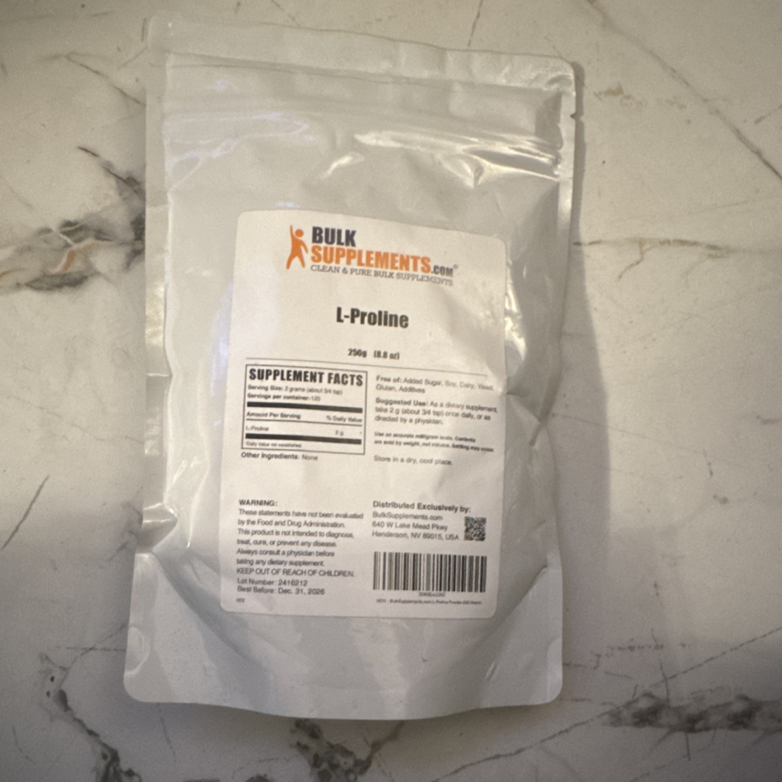 Bulk Supplements L-Proline Powder 250g Dairy-Free Soy-Free Gluten-Free