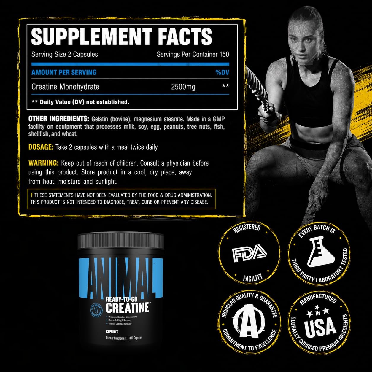 Micronized Creatine Monohydrate Capsules – 300 Caps, 2500mg per Serving to Su…