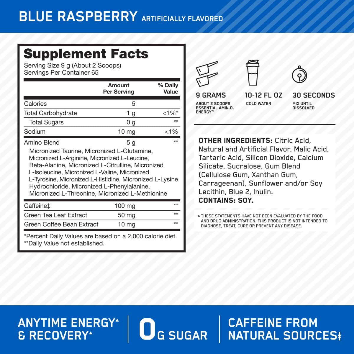 Optimum Nutrition Amino Energy – Pre Workout, Blue Raspberry, 65 Servings