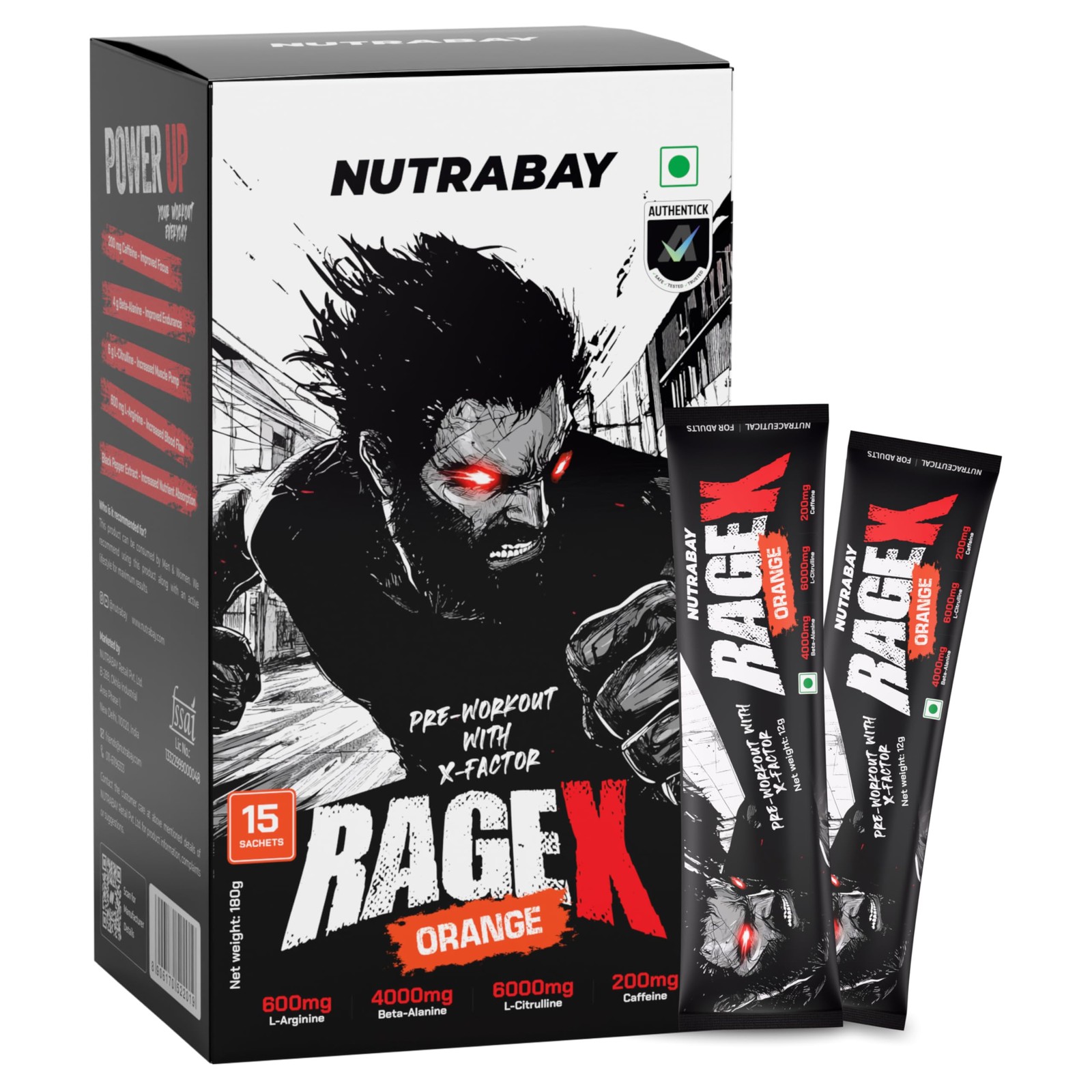 Nutrabay RageX Pre Workout 180g Orange – 15 Sachets, 200mg Caffeine, Pump