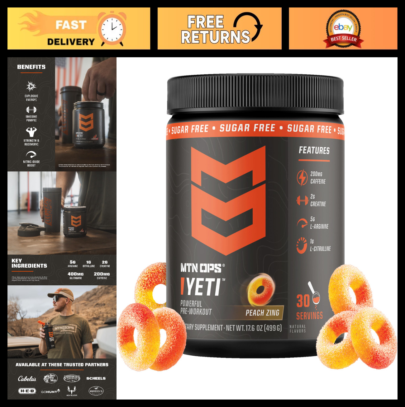 Pre-Workout Powder with Creatine & BCAAs, Peach Zing Flavor, 200mg Caffeine, Ene