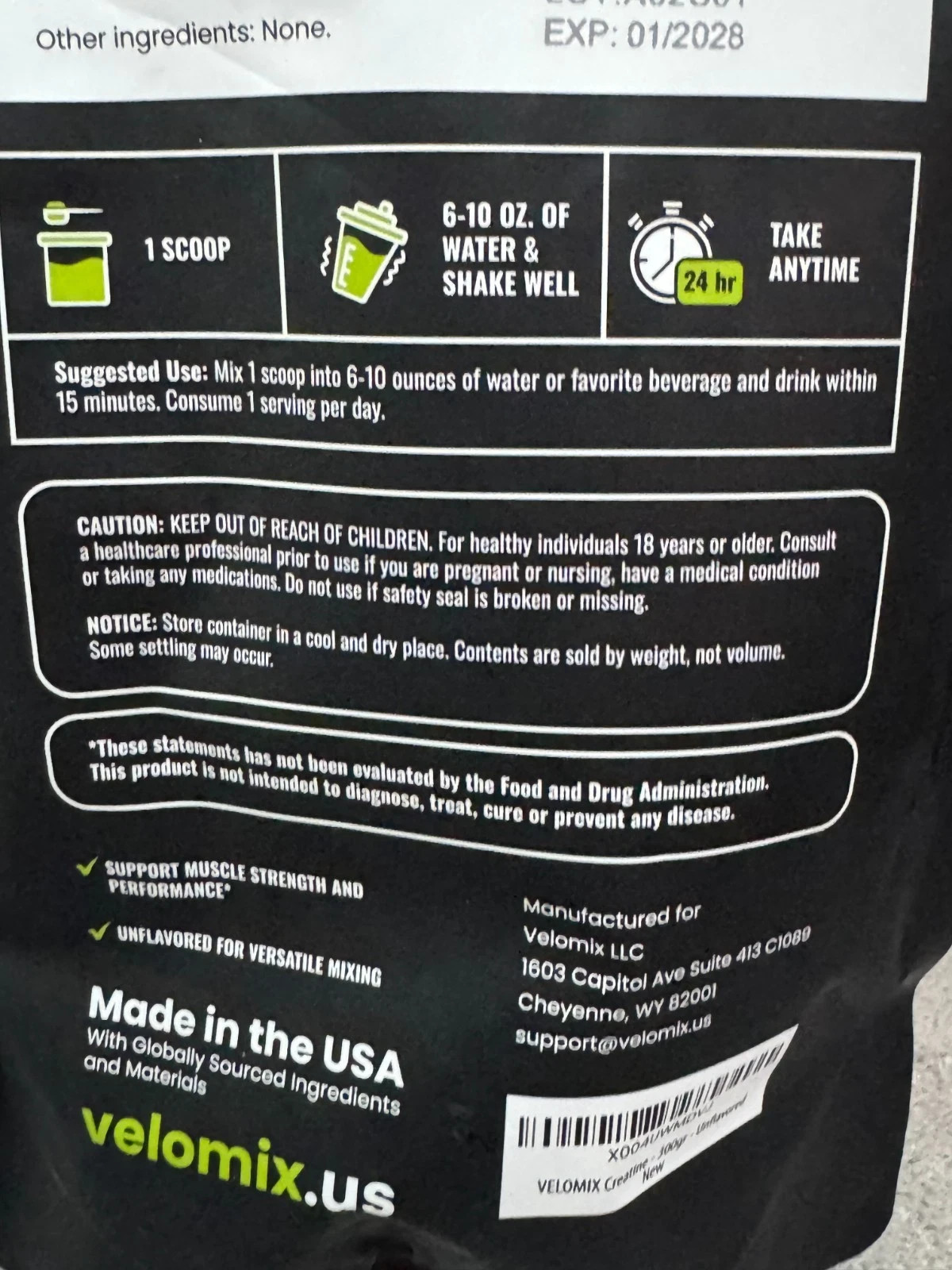 Velomix Micronized Creatine Monohydrate Unflavored 300g 60 Servings New