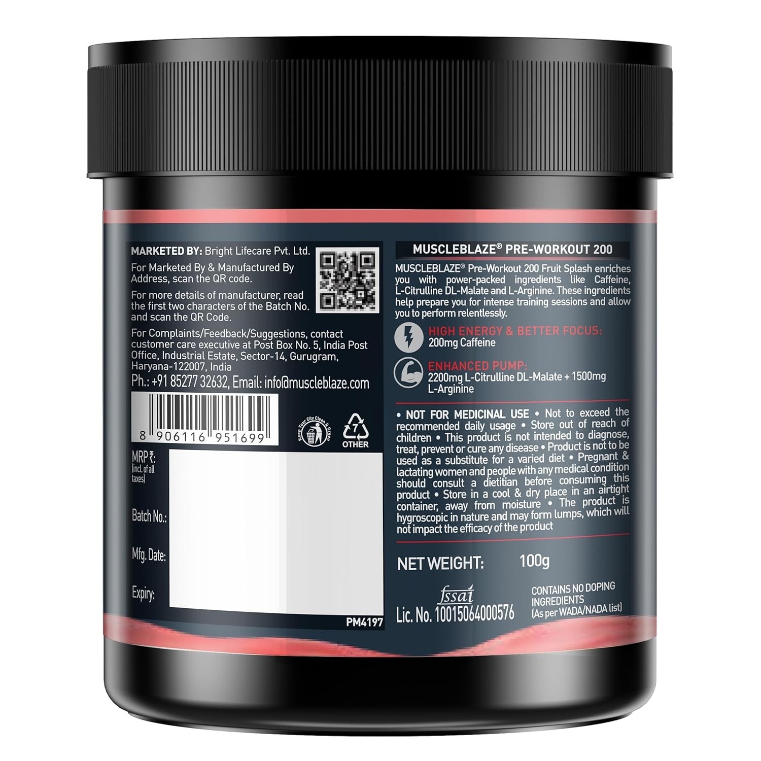 Pre Workout 200 (Fruit Splash, 16 servings, 100g) | 200mg Caffeine,Citrulline
