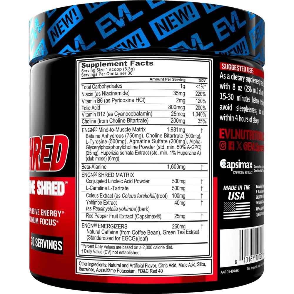 EVL ENGN Shred Pre Workout Supplement Fruit Punch 8.4 Ounce Energy Focus Boost