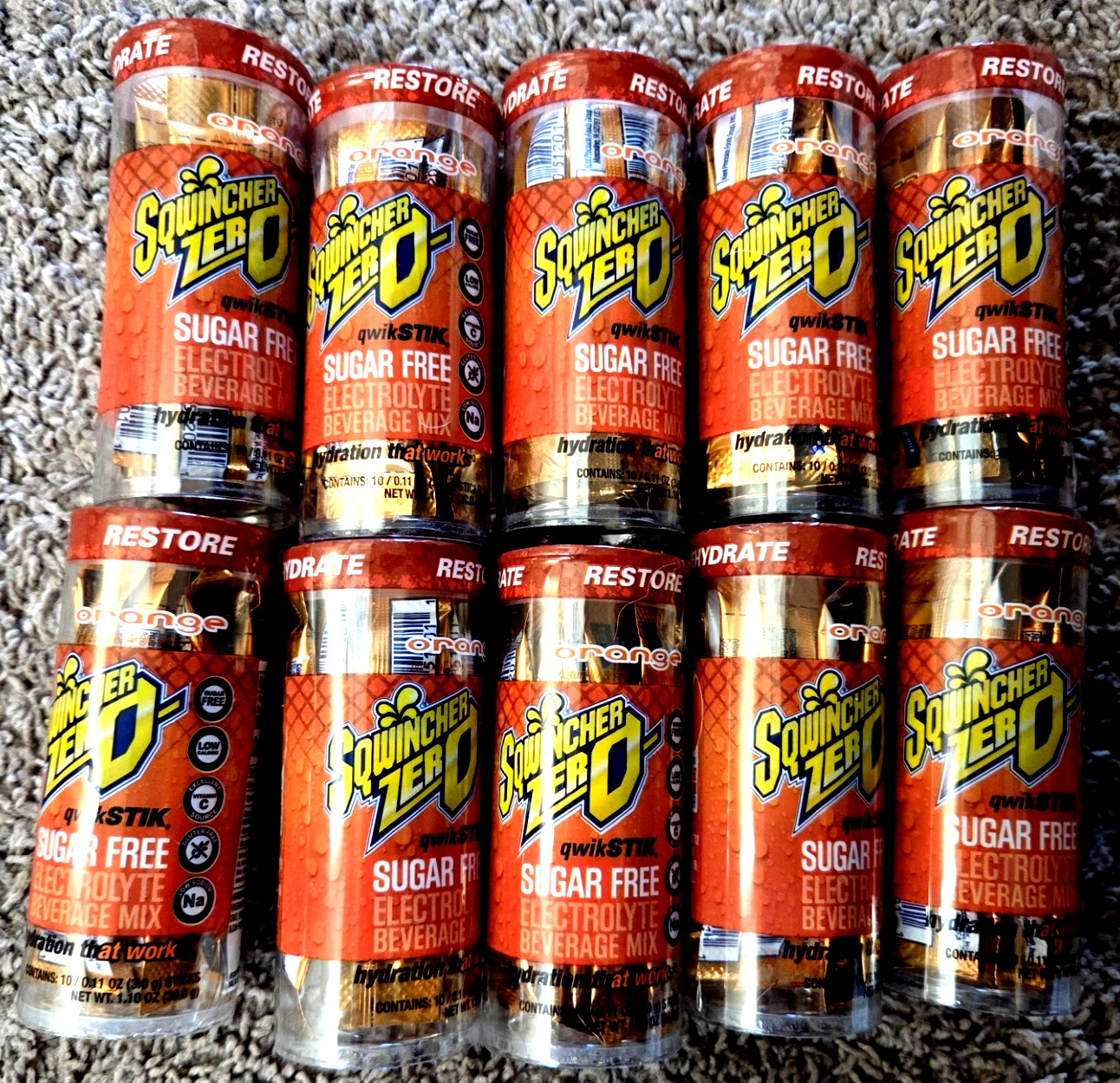 LOT OF 10🍊 SQWINCHER Orange Flavor Qwik Stik Tube 10 Packet’s .11 Oz 100 TOTAL