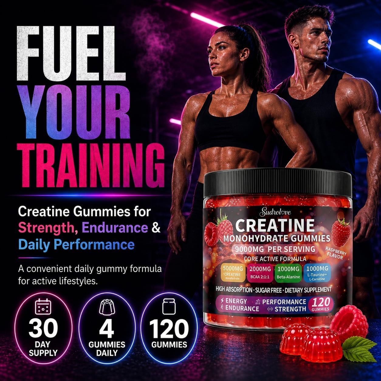 Creatine Monohydrate Gummies with BCAA, Beta-Alanine, L-Taurine, L-Carnitine, Vi