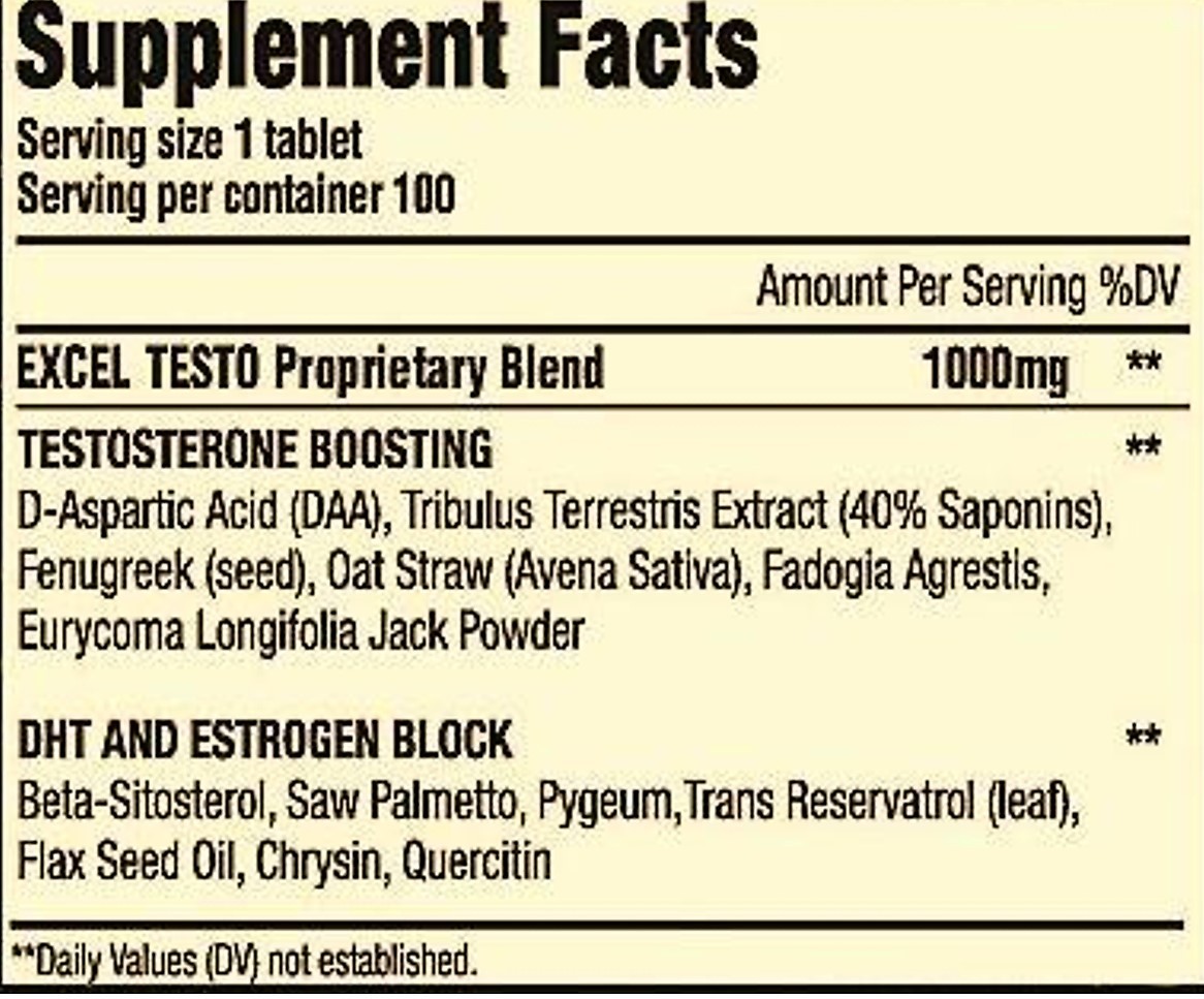 EXCEL TESTO TESTOSTERONE BOOSTER EXTREME. 100 TABLETS/1000 mg PER TABLET