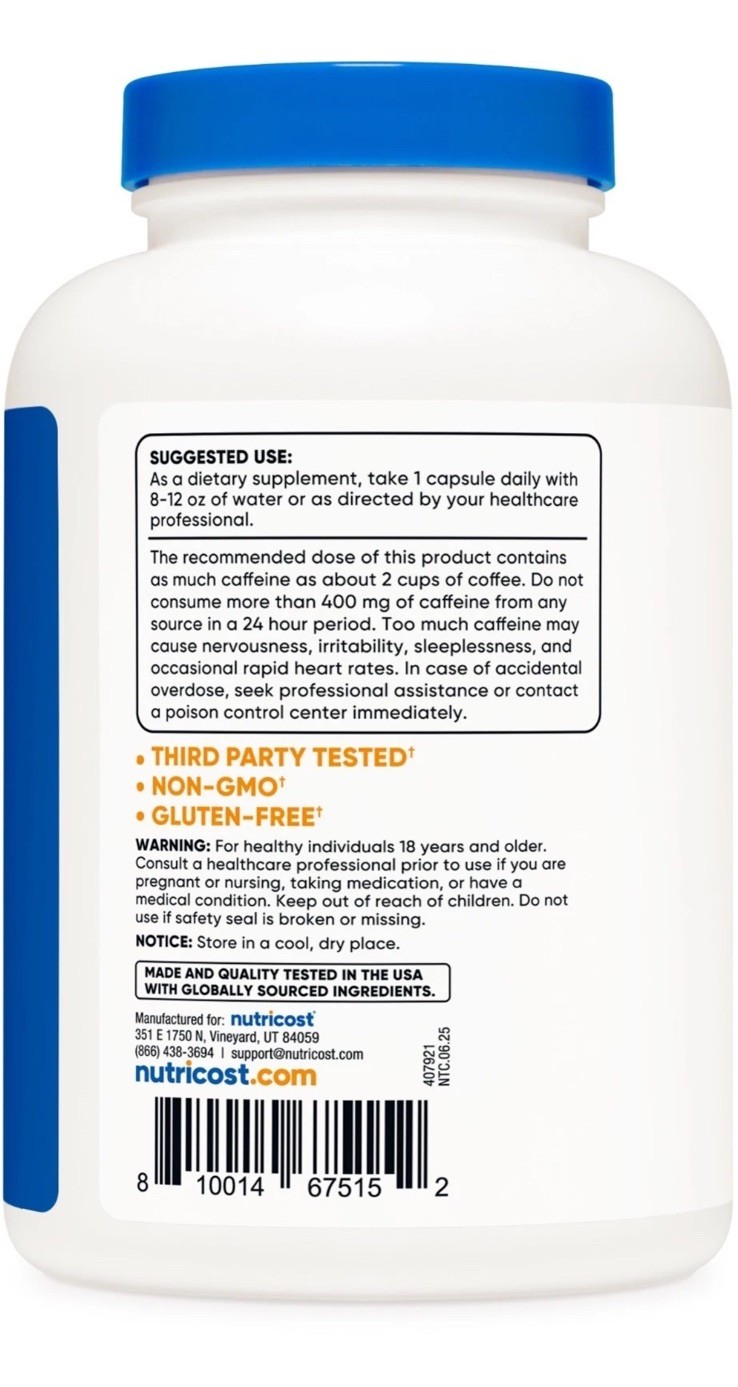 Nutricost Caffeine Pills, 500 Capsules, 500 Servings, 200mg Per Serving