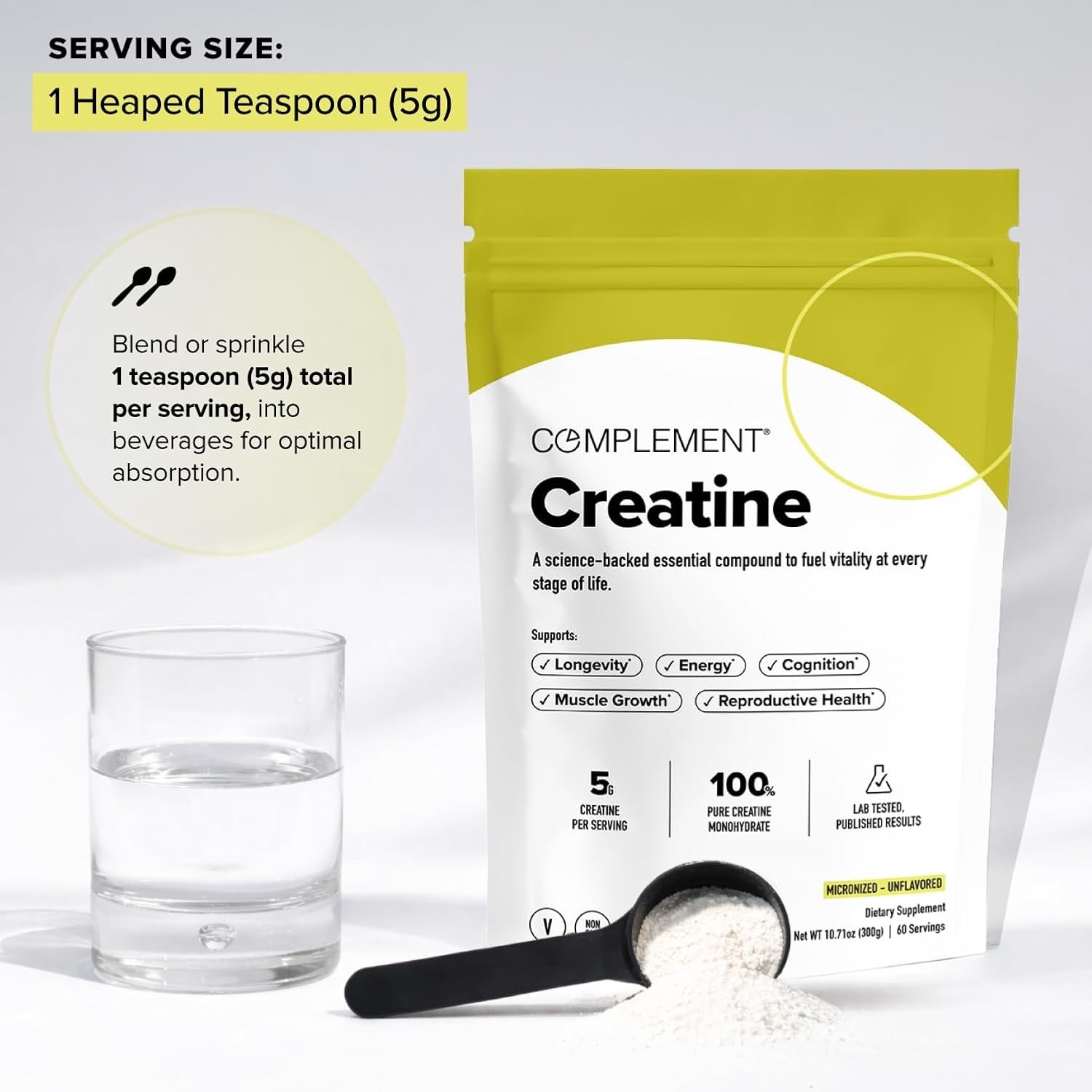 Complement Creatine Monohydrate Powder 300g 60 Servings Vegan Unflavored