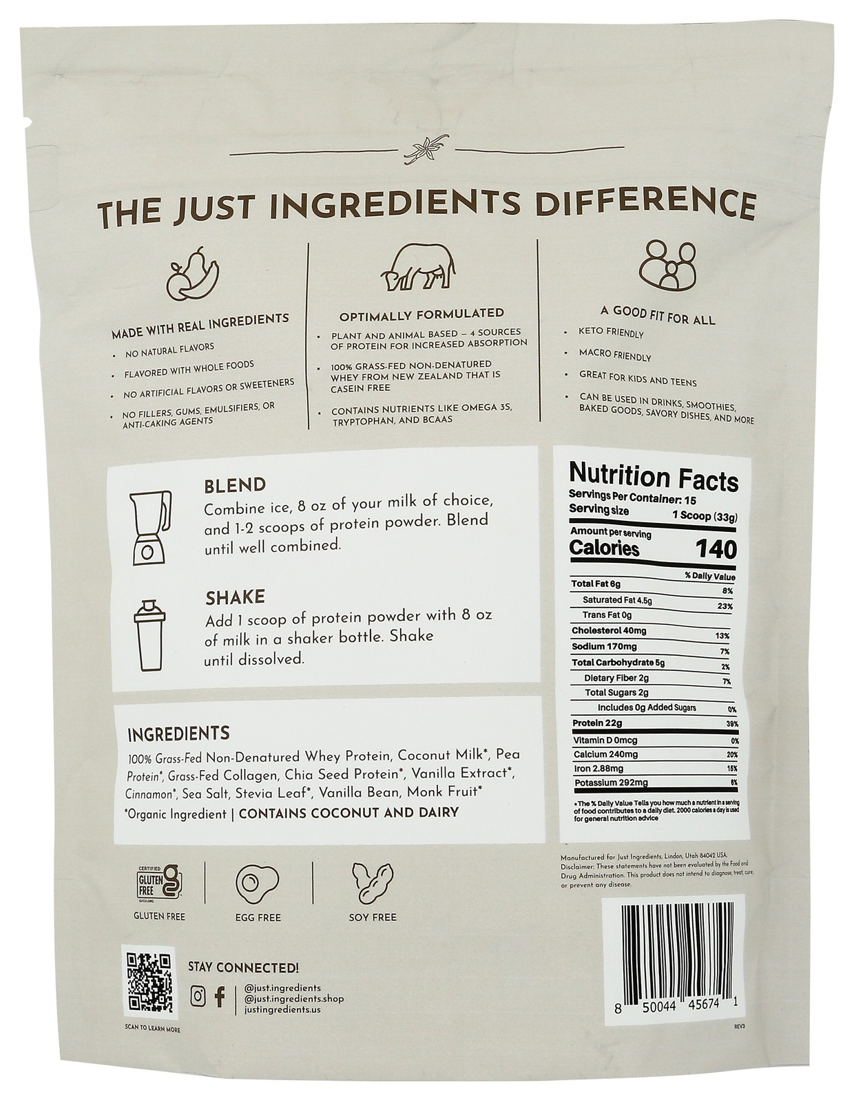 Vanilla Bean Protein Powder By Just Ingredients Supplement 22 Grams 1 Pack