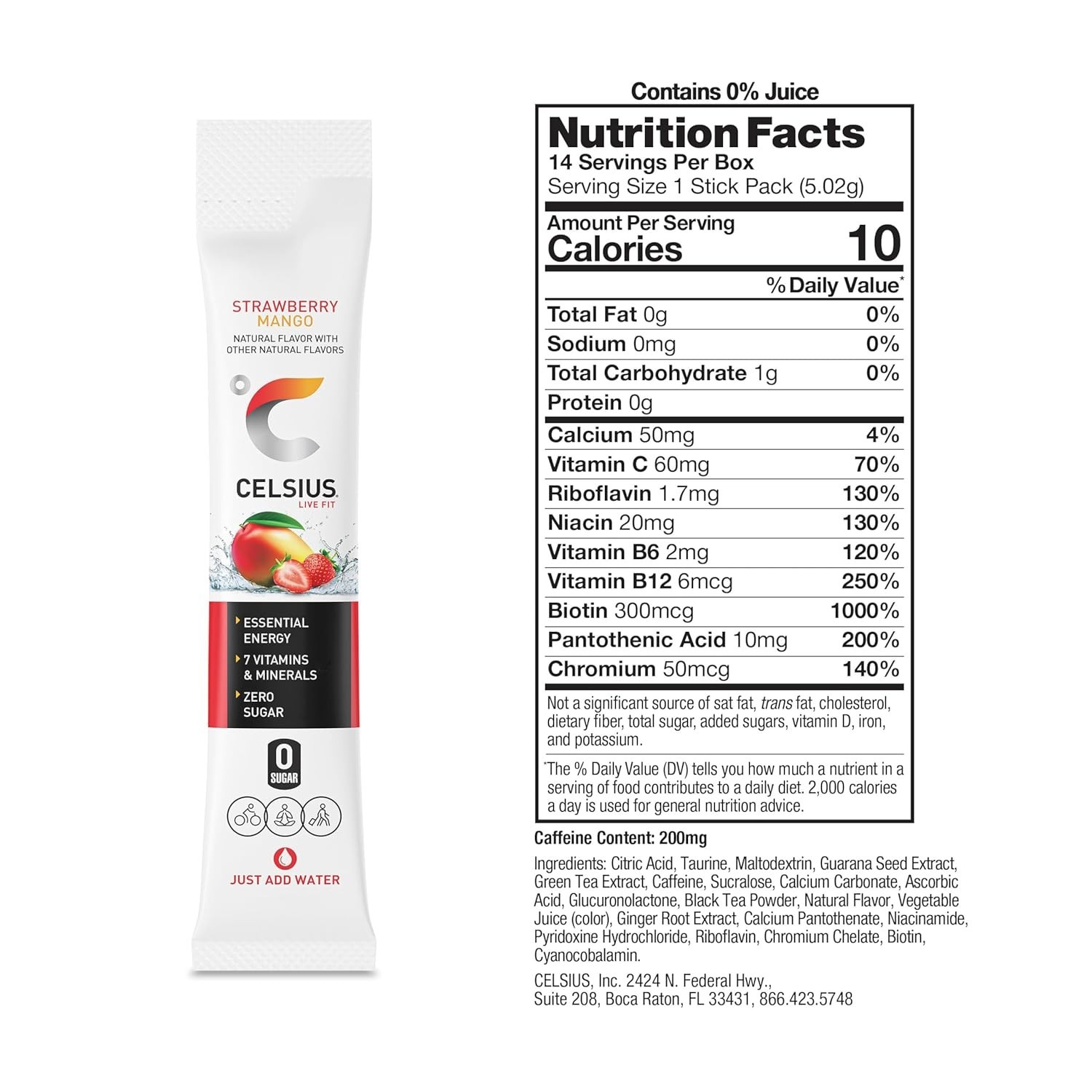 CELSIUS On The Go Strawberry Mango, Sugar Free Energy Drink Mix Sticks, 14 Count