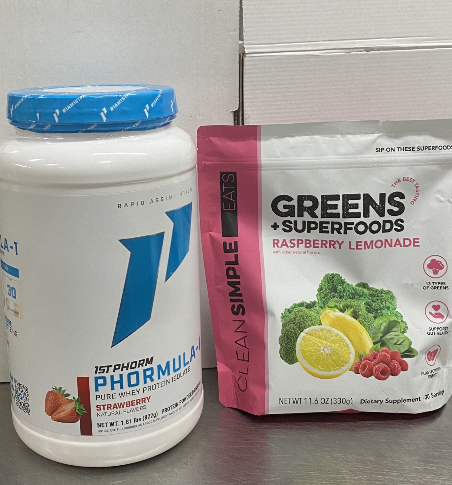 Clean Simple Eats Greens Rasp 🍋ade & 1st Phorm Strawberry Whey Protein Powder
