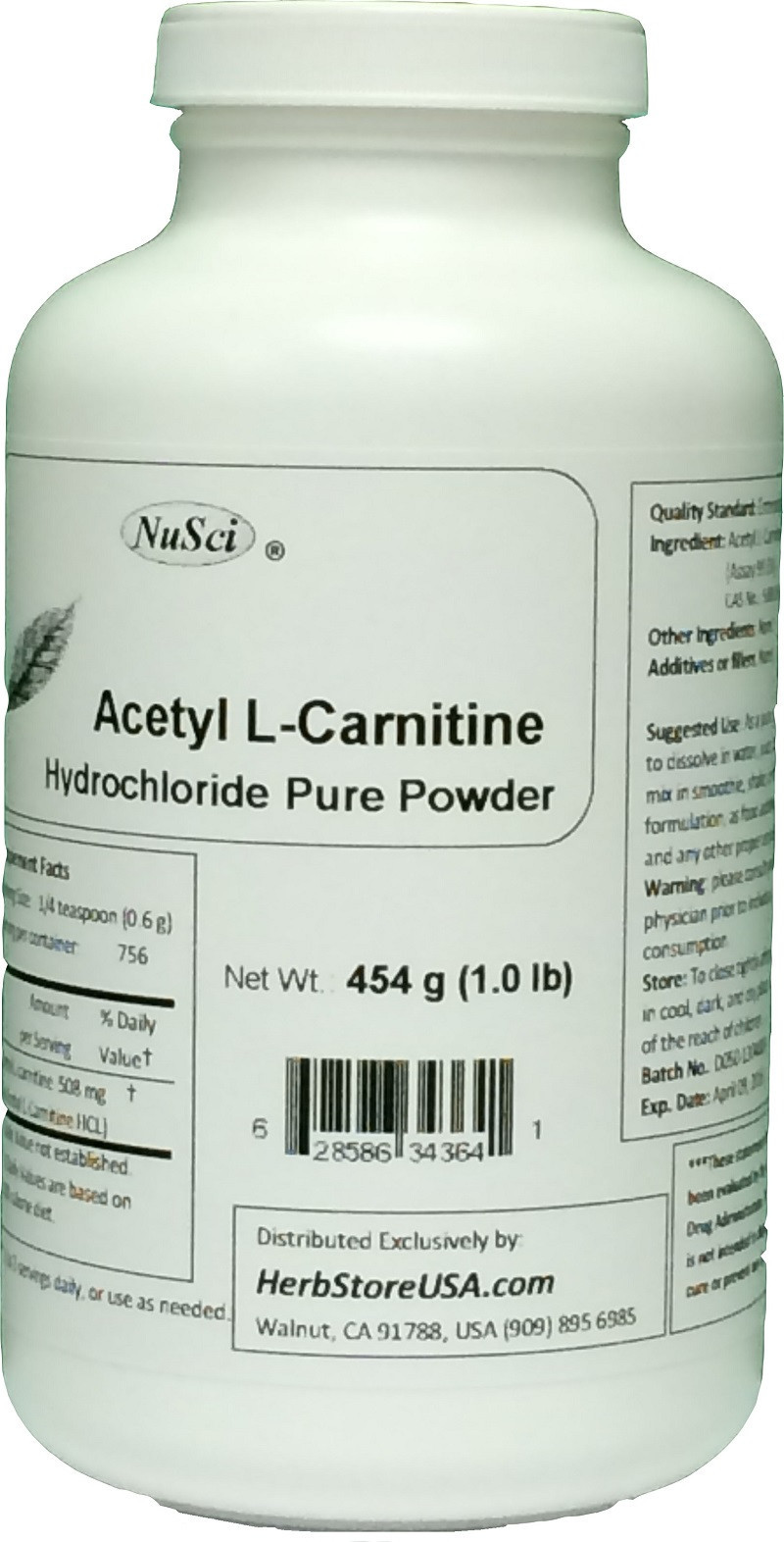 NuSci 100% Pure Acetyl L-Carnitine powder ALC 1 LB (454g) cognitive health