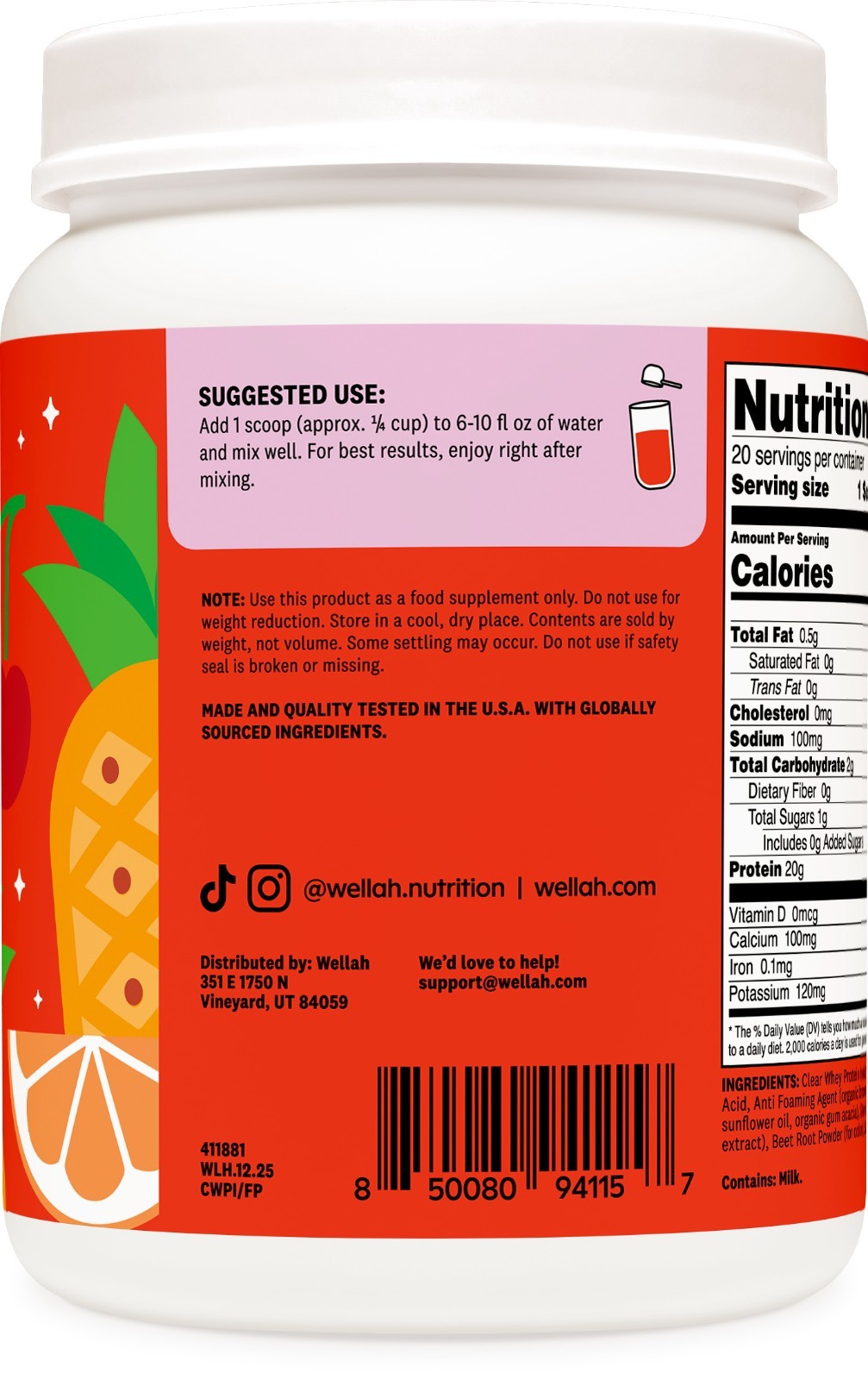 Wellah Clear Whey Protein Isolate Powder (Fruit Punch) 20 Servings