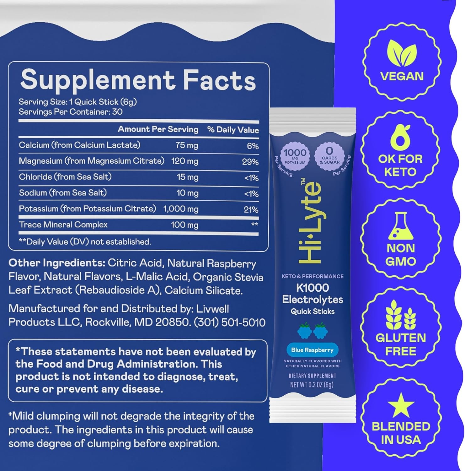 Hi-Lyte K1000 Blue Raspberry Electrolytes Powder Packets, 30 Servings – 1000mg
