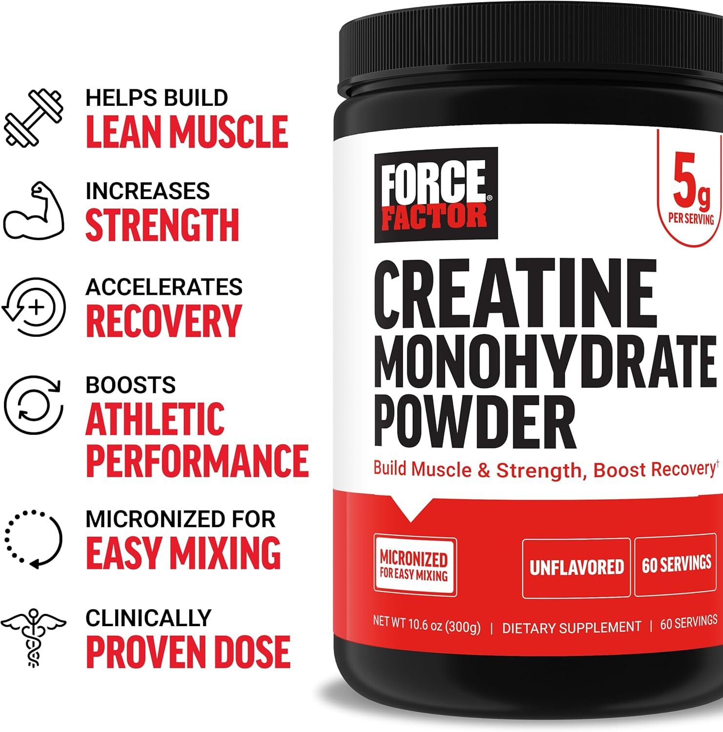 FORCE FACTOR Creatine Monohydrate, Creatine Powder for Muscle Gain, More Strengt