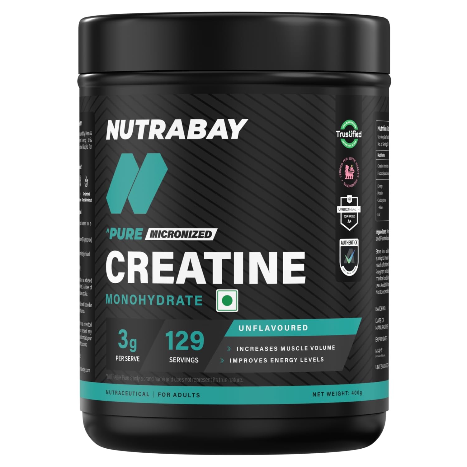 Nutrabay Pure Micronised Creatine Monohydrate 400g – 3000mg/Serving, Unflavoured
