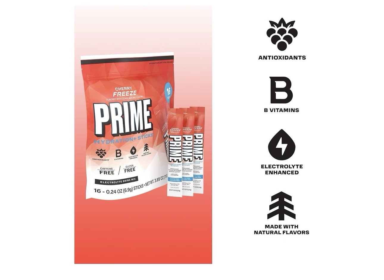 Prime Hydration+ Cherry Freeze Electrolyte Drink Mix Sticks 16 Pack New BB:02/28