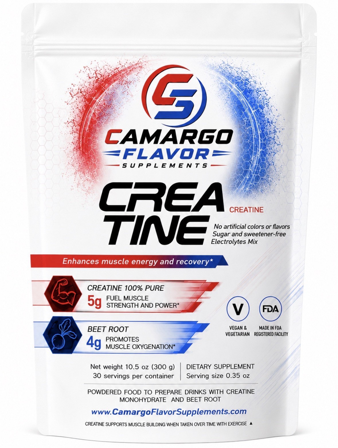 Camargo Flavor Supplements Creatine + Beet Root Powder Unflavored 10.5oz Vegan