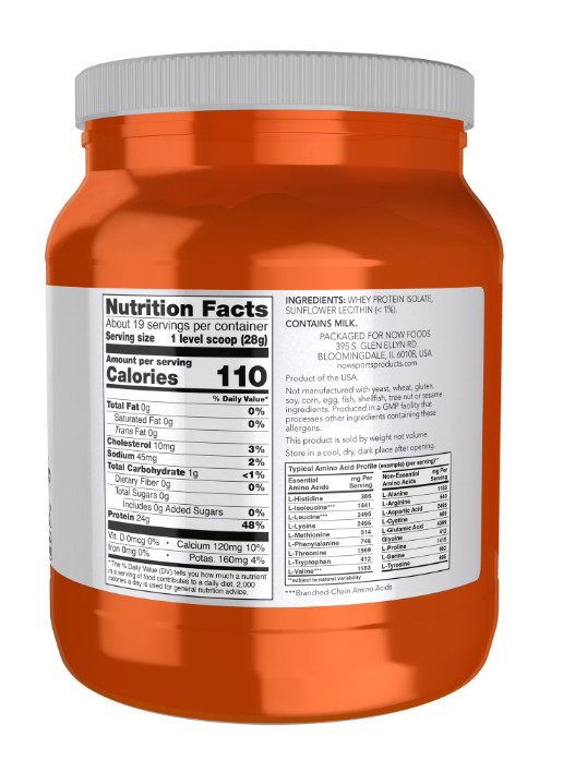 NOW Sports Whey Protein Isolate Unflavored Powder 1.2 lb 25g Protein BCAAs